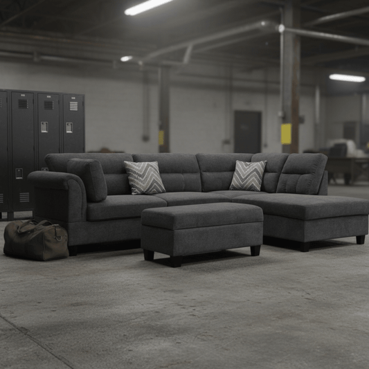 Modern Dark Gray Sofa Set with Pillows & Ottoman | Stylish & Comfortable Living Room Furniture - Furniture with Left Dark Gray BT1926L | Sold by Uncle Wiener's Wholesale