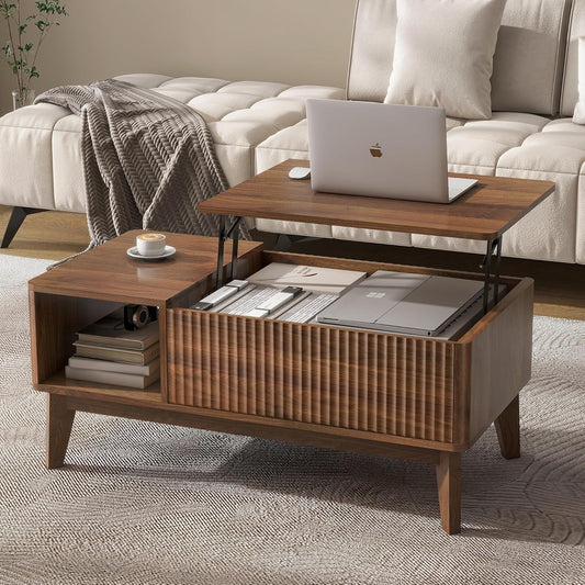 Modern Fluted Lift - Top Coffee Table With Storage Walnut S2395 - with | Sold by Uncle Wiener's Wholesale