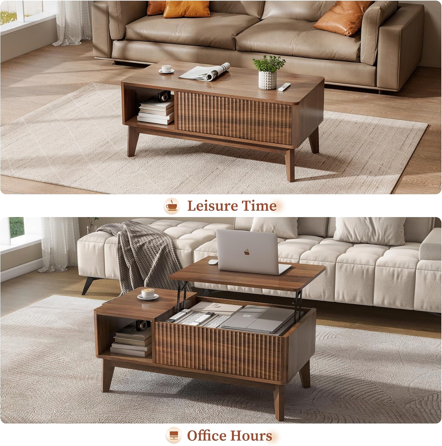 Modern Fluted Lift - Top Coffee Table With Storage Walnut S2395 - with | Sold by Uncle Wiener's Wholesale