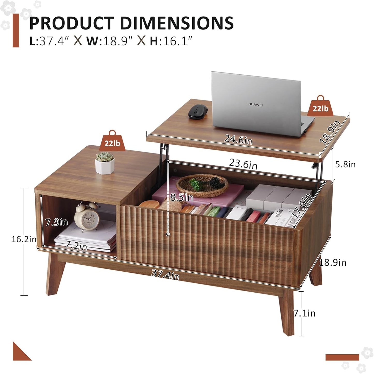 Modern Fluted Lift - Top Coffee Table With Storage Walnut S2395 - with | Sold by Uncle Wiener's Wholesale