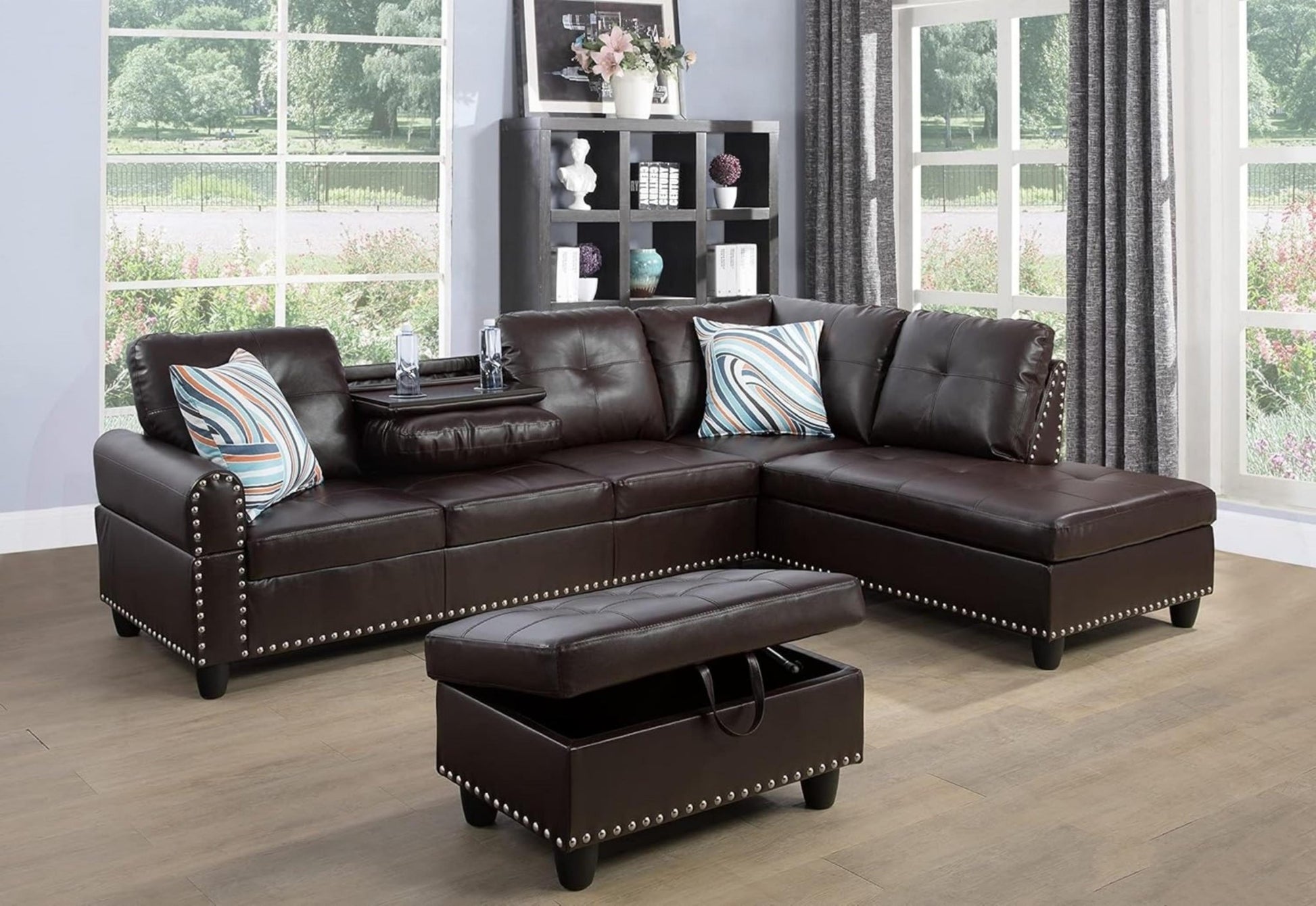 Modern L - Shaped Sectional Sofa Set with Ottoman – Black & Brown Options - with Modern L - Shaped Sectional Sofa Set with Ottoman – Brown Right | Sold by Uncle Wiener's Wholesale