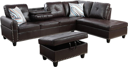 Modern L - Shaped Sectional Sofa Set with Ottoman – Black & Brown Options - with Modern L - Shaped Sectional Sofa Set with Ottoman – Brown Left | Sold by Uncle Wiener's Wholesale