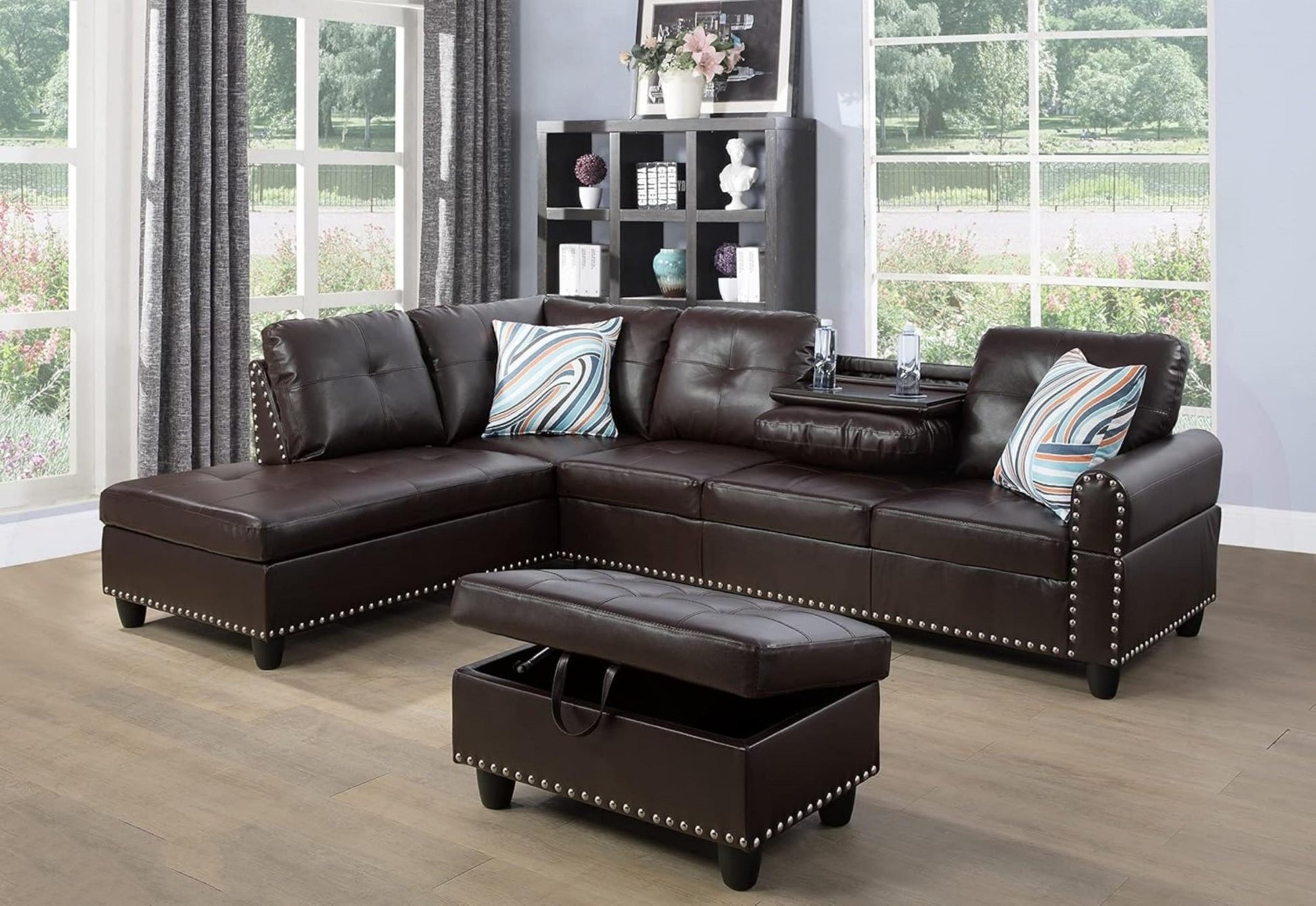 Modern L - Shaped Sectional Sofa Set with Ottoman – Black & Brown Options - with Modern L - Shaped Sectional Sofa Set with Ottoman – Brown Left | Sold by Uncle Wiener's Wholesale