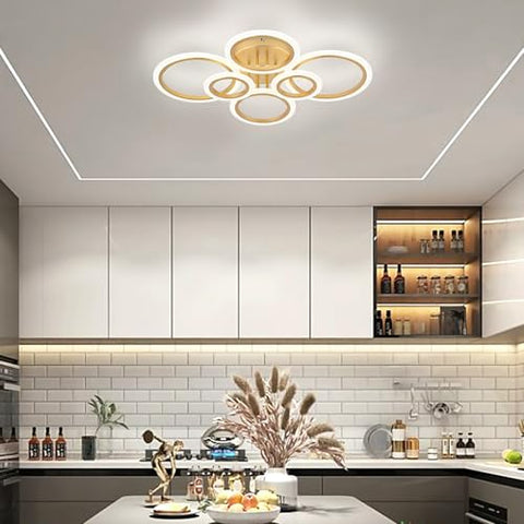 Modern LED gold 6-ring ceiling light, flush mount fixture, 4000K warm white lighting for bedroom and kitchen