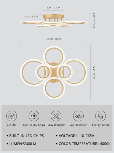 Modern LED gold 6-ring ceiling light, flush mount fixture, 4000K warm white lighting for bedroom and kitchen