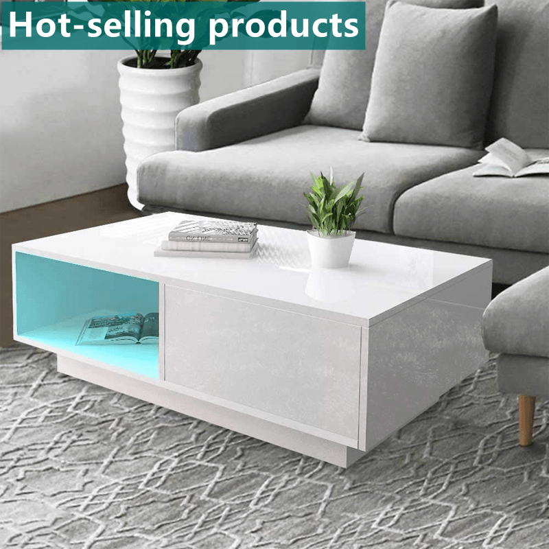 Modern LED Coffee Table High Gloss with Storage Drawer RGB USB 113230 - with | Sold by Uncle Wiener's Wholesale