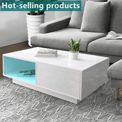 Modern LED Coffee Table High Gloss with Storage Drawer RGB USB 113230 - with | Sold by Uncle Wiener's Wholesale