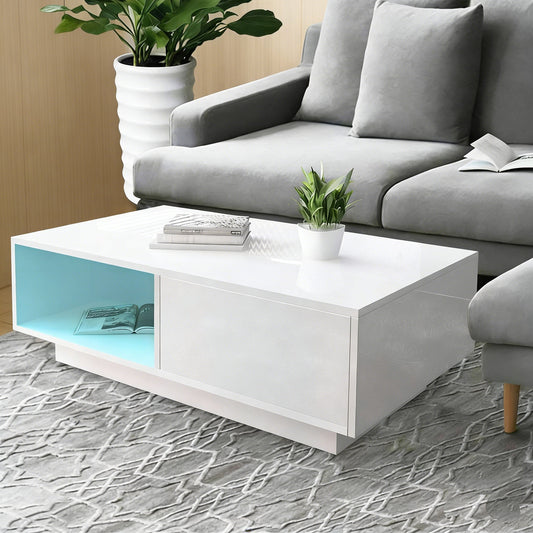 Modern LED Coffee Table High Gloss with Storage Drawer RGB USB 113230 - with | Sold by Uncle Wiener's Wholesale
