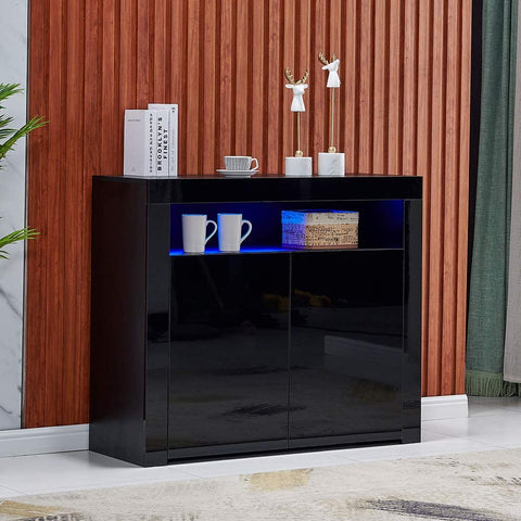 Modern LED High Gloss Storage Cabinet with Remote Control Lighting – Black or White – 51910 - with BLACK | Sold by Uncle Wiener's Wholesale