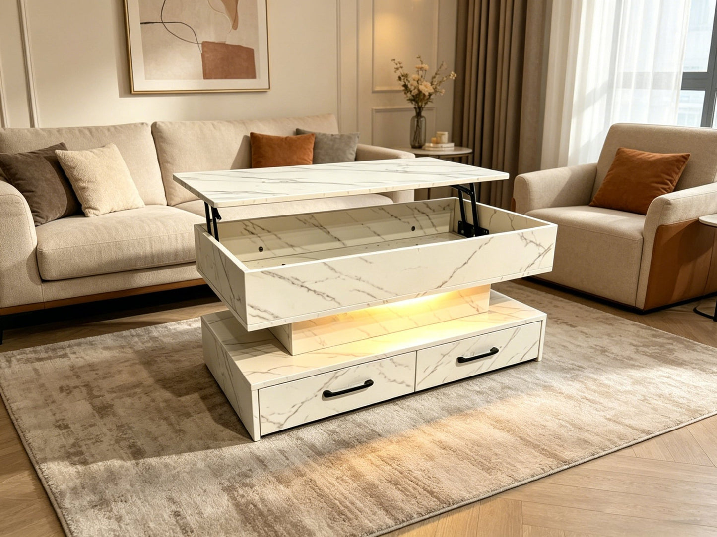 Modern Lift Top RGB LED Coffee Table Storage Drawers SKU 113228 - with White | Sold by Uncle Wiener's Wholesale