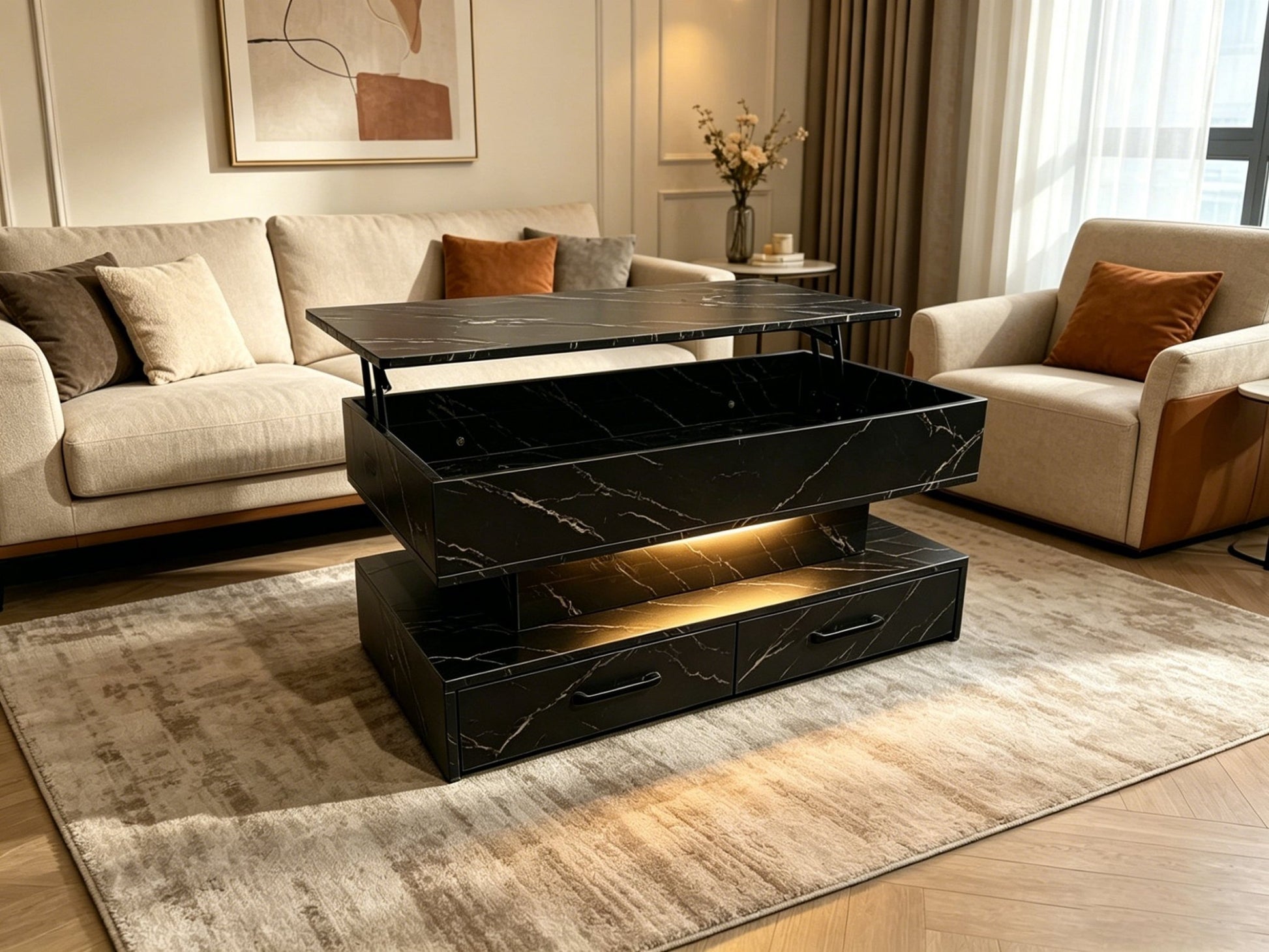 Modern Lift Top RGB LED Coffee Table Storage Drawers SKU 113228 - with Black | Sold by Uncle Wiener's Wholesale