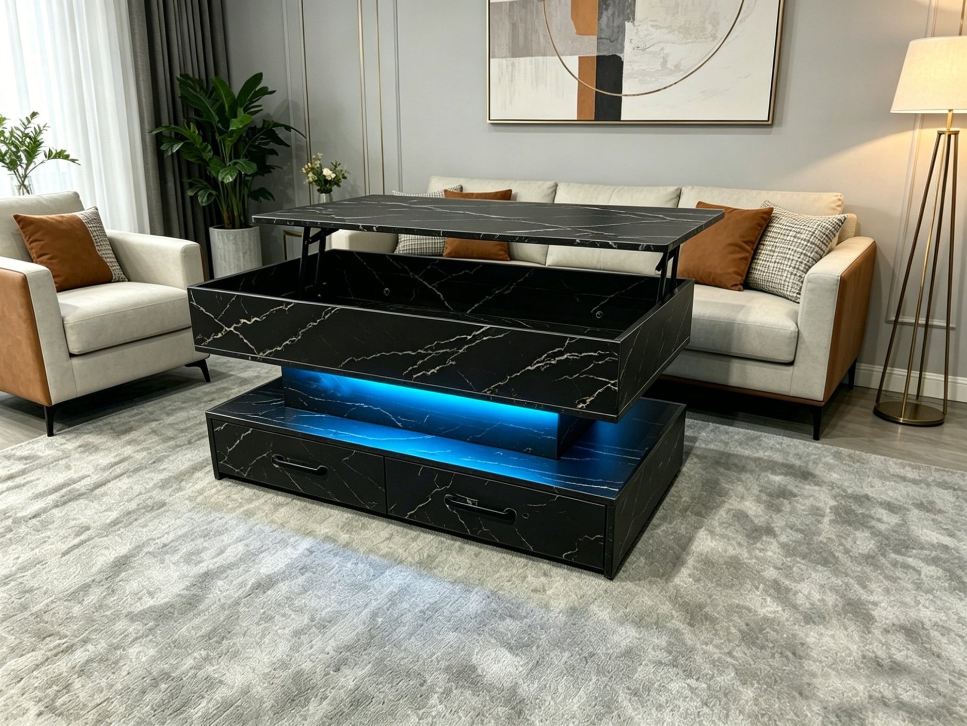 Modern Lift Top RGB LED Coffee Table Storage Drawers SKU 113228 - with Black | Sold by Uncle Wiener's Wholesale