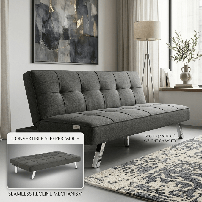 Modern Metal Frame Futon Sofa Bed – Convertible Sleeper Lounger with 226.8 kg (500 lb) Weight Capacity - Bedroom Furniture with BLACK | Sold by Uncle Wiener's Wholesale