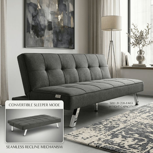 Modern Metal Frame Futon Sofa Bed – Convertible Sleeper Lounger with 226.8 kg (500 lb) Weight Capacity - Bedroom Furniture with BLACK | Sold by Uncle Wiener's Wholesale