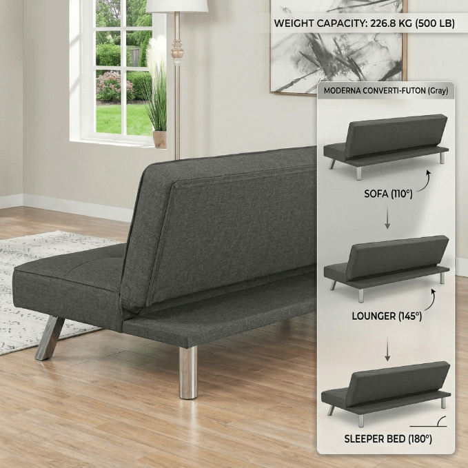 Modern Metal Frame Futon Sofa Bed – Convertible Sleeper Lounger with 226.8 kg (500 lb) Weight Capacity - Bedroom Furniture with GRAY | Sold by Uncle Wiener's Wholesale