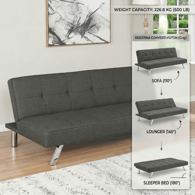 Modern Metal Frame Futon Sofa Bed – Convertible Sleeper Lounger with 226.8 kg (500 lb) Weight Capacity - Bedroom Furniture with GRAY | Sold by Uncle Wiener's Wholesale