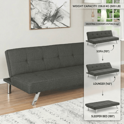 Modern Metal Frame Futon Sofa Bed – Convertible Sleeper Lounger with 226.8 kg (500 lb) Weight Capacity - Bedroom Furniture with GRAY | Sold by Uncle Wiener's Wholesale