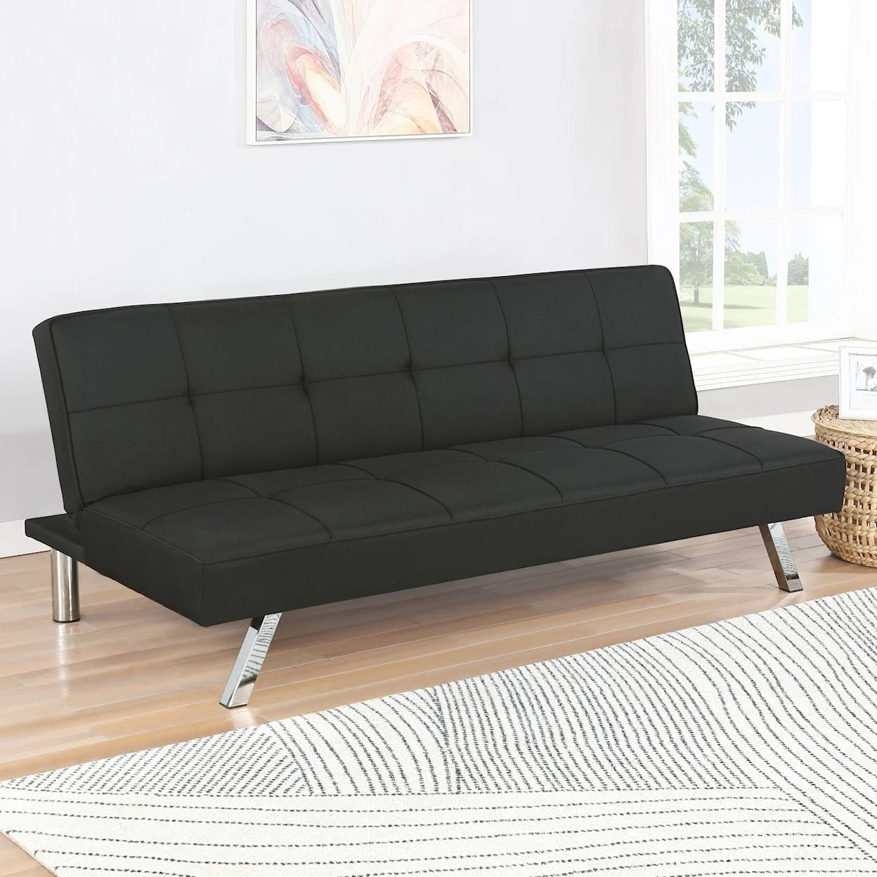 Black Modern Metal Frame Convertible Sofa Bed in Upright Position

Convertible Sofa Lounger in Minimal Living Room

Metal Frame Sofa Fully Reclined into Bed

Gray Futon Sofa with Metal Frame and Cushioned Seating

Multi-Position Convertible Sofa for Small Spaces

Side View of Sofa Lounger with Steel Legs

Foldable Futon Sofa with Modern Design

Compact Sofa Bed Setup in Small Apartment

Adjustable Metal Frame Sleeper Sofa in Gray