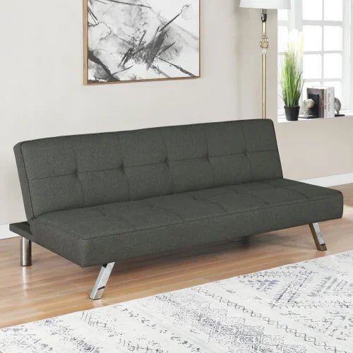 Black Modern Metal Frame Convertible Sofa Bed in Upright Position

Convertible Sofa Lounger in Minimal Living Room

Metal Frame Sofa Fully Reclined into Bed

Gray Futon Sofa with Metal Frame and Cushioned Seating

Multi-Position Convertible Sofa for Small Spaces

Side View of Sofa Lounger with Steel Legs

Foldable Futon Sofa with Modern Design

Compact Sofa Bed Setup in Small Apartment

Adjustable Metal Frame Sleeper Sofa in Gray