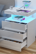 Modern Nightstand with Built - In Power Outlets & RGB LED Accent Lights – High Gloss Finish Bedside Table - with Elegant Glossy White | Sold by Uncle Wiener's Wholesale