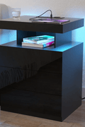 Modern Nightstand with Built - In Power Outlets & RGB LED Accent Lights – High Gloss Finish Bedside Table - with Classic Black | Sold by Uncle Wiener's Wholesale