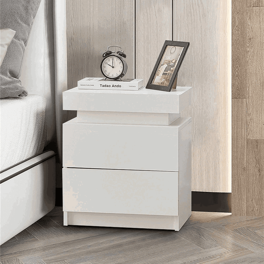 Modern Nightstand with Built - In Power Outlets & RGB LED Accent Lights – High Gloss Finish Bedside Table - with Elegant Glossy White | Sold by Uncle Wiener's Wholesale