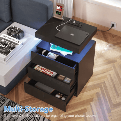 White Modern Nightstand with LED Lights and Charging Ports

Black Nightstand with RGB Lighting in Bedroom Setup

Smart Nightstand with Glowing LED Drawers – White Finish

Compact Bedside Table with Built-In Outlets and Lights

Modern Nightstand with Power Outlets and Drawer Storage
