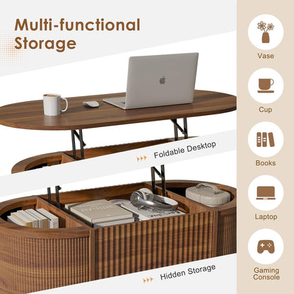 Modern Oval Fluted Lift - Top Coffee Table With Storage Walnut S2195 - with | Sold by Uncle Wiener's Wholesale
