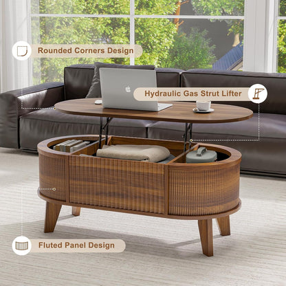 Modern Oval Fluted Lift - Top Coffee Table With Storage Walnut S2195 - with | Sold by Uncle Wiener's Wholesale