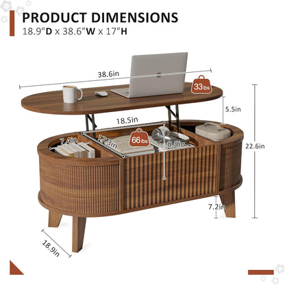 Modern Oval Fluted Lift - Top Coffee Table With Storage Walnut S2195 - with | Sold by Uncle Wiener's Wholesale