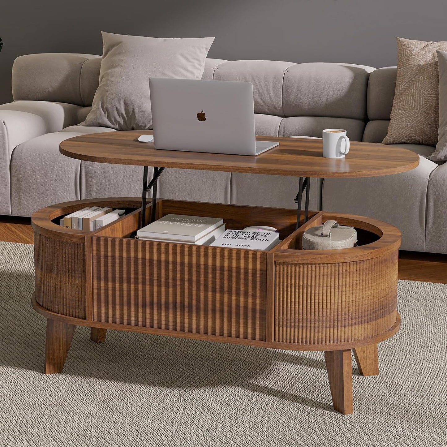 Modern Oval Fluted Lift - Top Coffee Table With Storage Walnut S2195 - with | Sold by Uncle Wiener's Wholesale