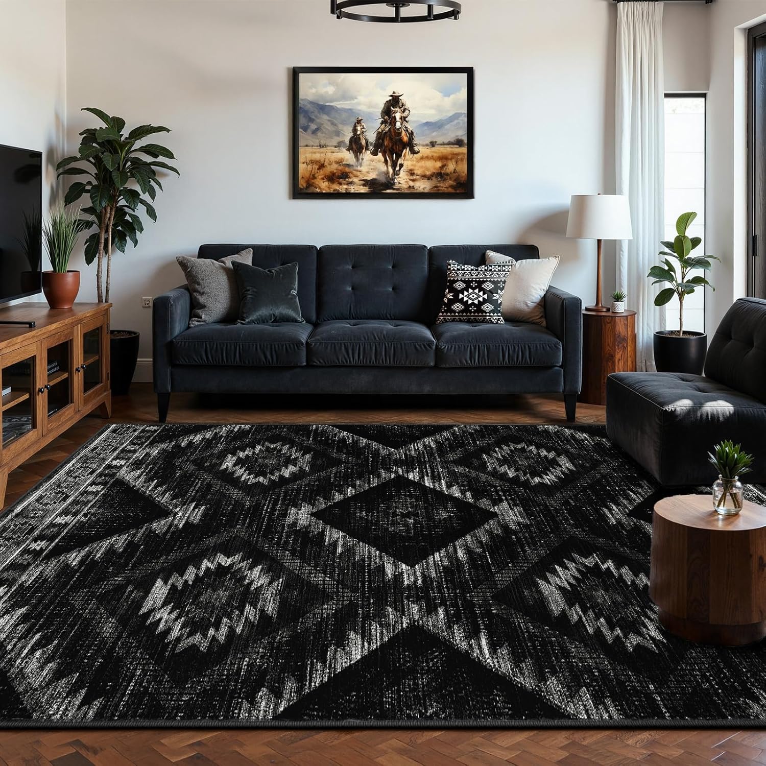 Modern Shaggy Area Rug Washable Non-Slip Geometric Carpet 4x5 5x8 6x10 FGYRUG - with Black Geometric (120 x 160 cm) | Sold by Uncle Wiener's Wholesale