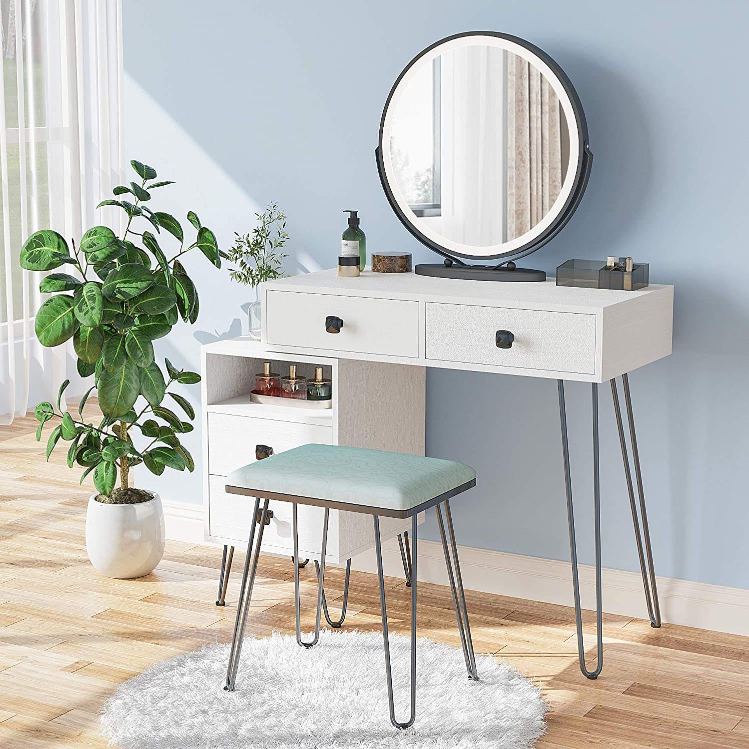 Modern Vanity Desk with LED Mirror & Storage Drawers Makeup Table 113227 - with | Sold by Uncle Wiener's Wholesale