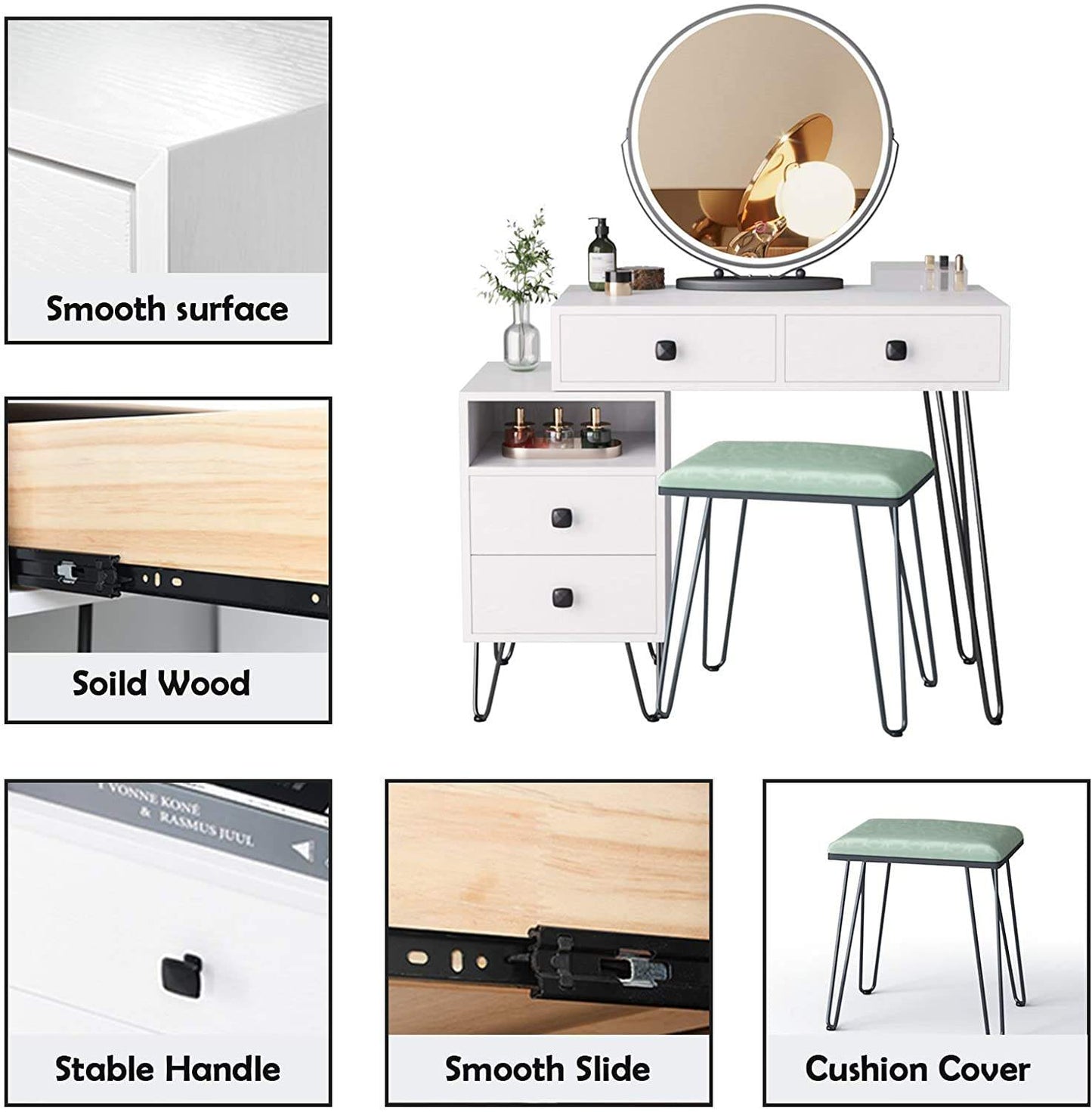 Modern Vanity Desk with LED Mirror & Storage Drawers Makeup Table 113227 - with | Sold by Uncle Wiener's Wholesale