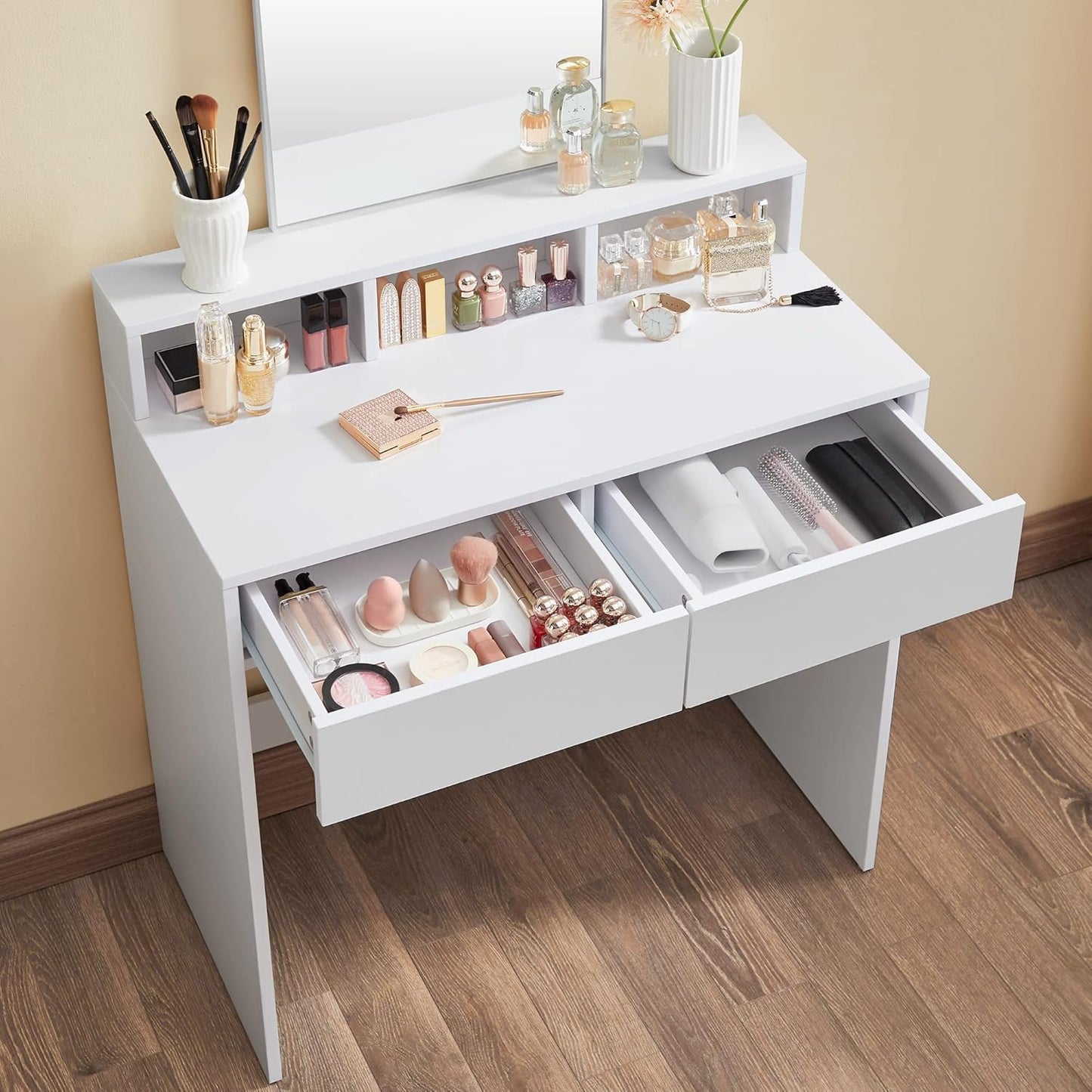 Modern Vanity Desk with Mirror, 2 Drawers, 3 Storage Compartments and Open Shelf, Makeup Table for Bedroom Cloud White RDT113W01 - with | Sold by Uncle Wiener's Wholesale
