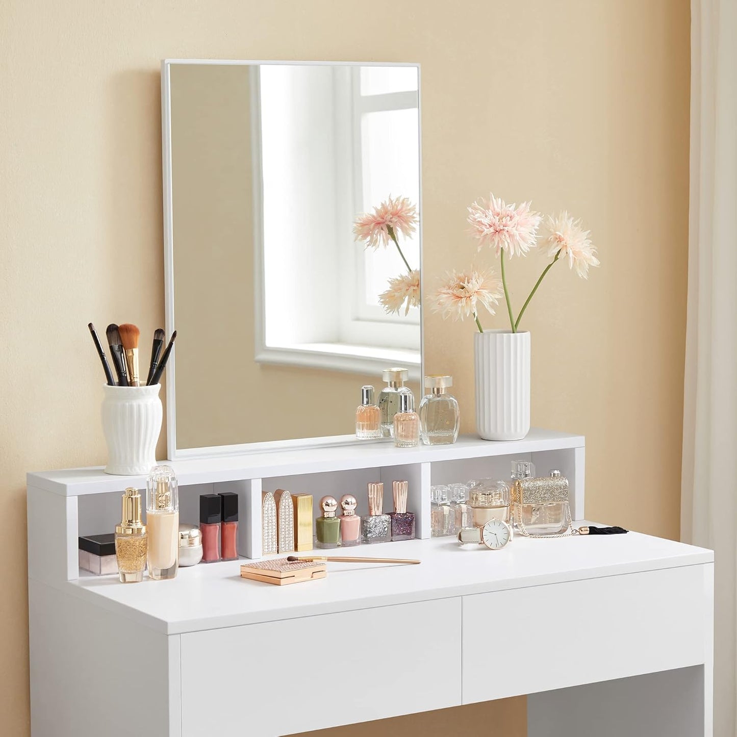 Modern Vanity Desk with Mirror, 2 Drawers, 3 Storage Compartments and Open Shelf, Makeup Table for Bedroom Cloud White RDT113W01 - with | Sold by Uncle Wiener's Wholesale