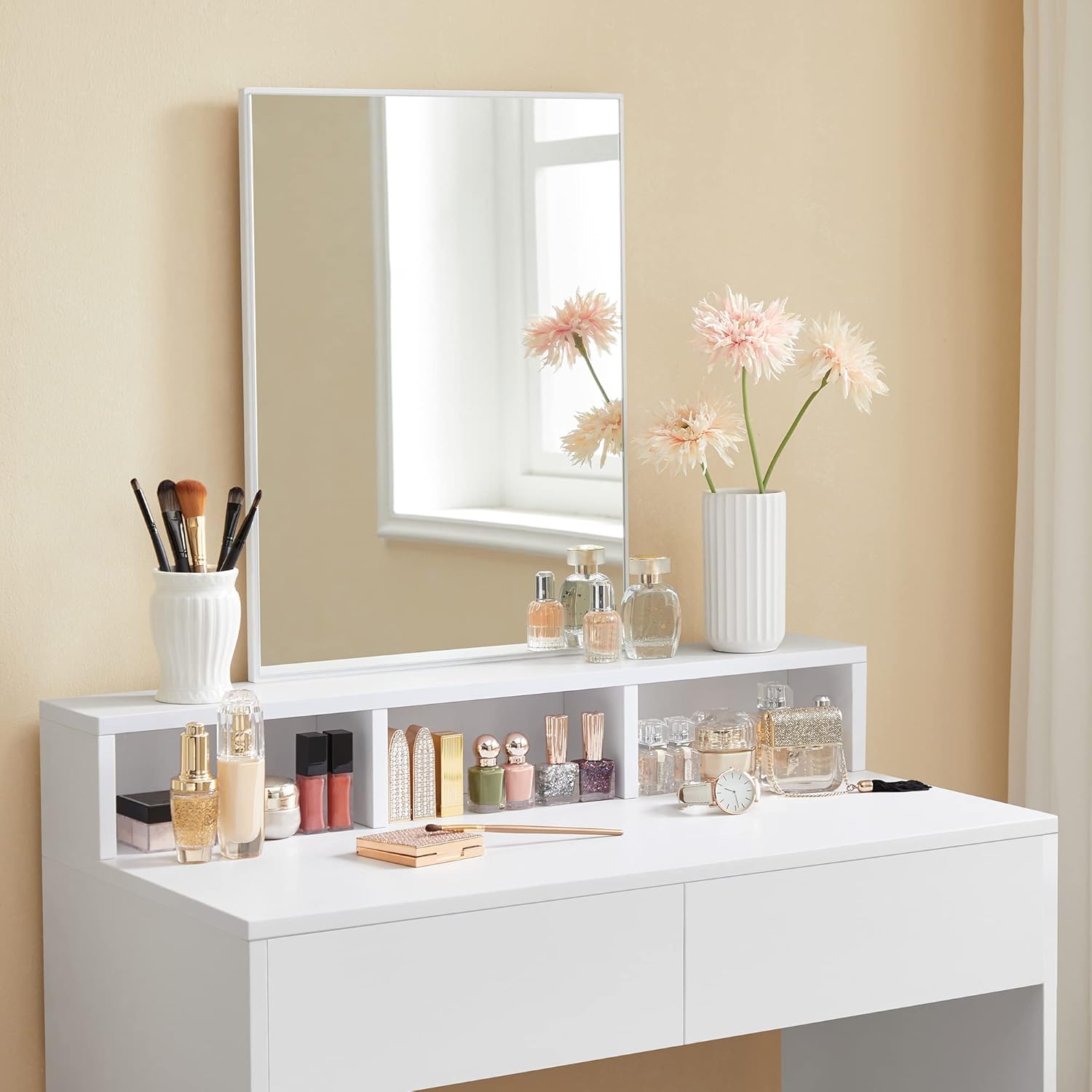 Modern Vanity Desk with Mirror, 2 Drawers, 3 Storage Compartments and Open Shelf, Makeup Table for Bedroom Cloud White RDT113W01 - with | Sold by Uncle Wiener's Wholesale