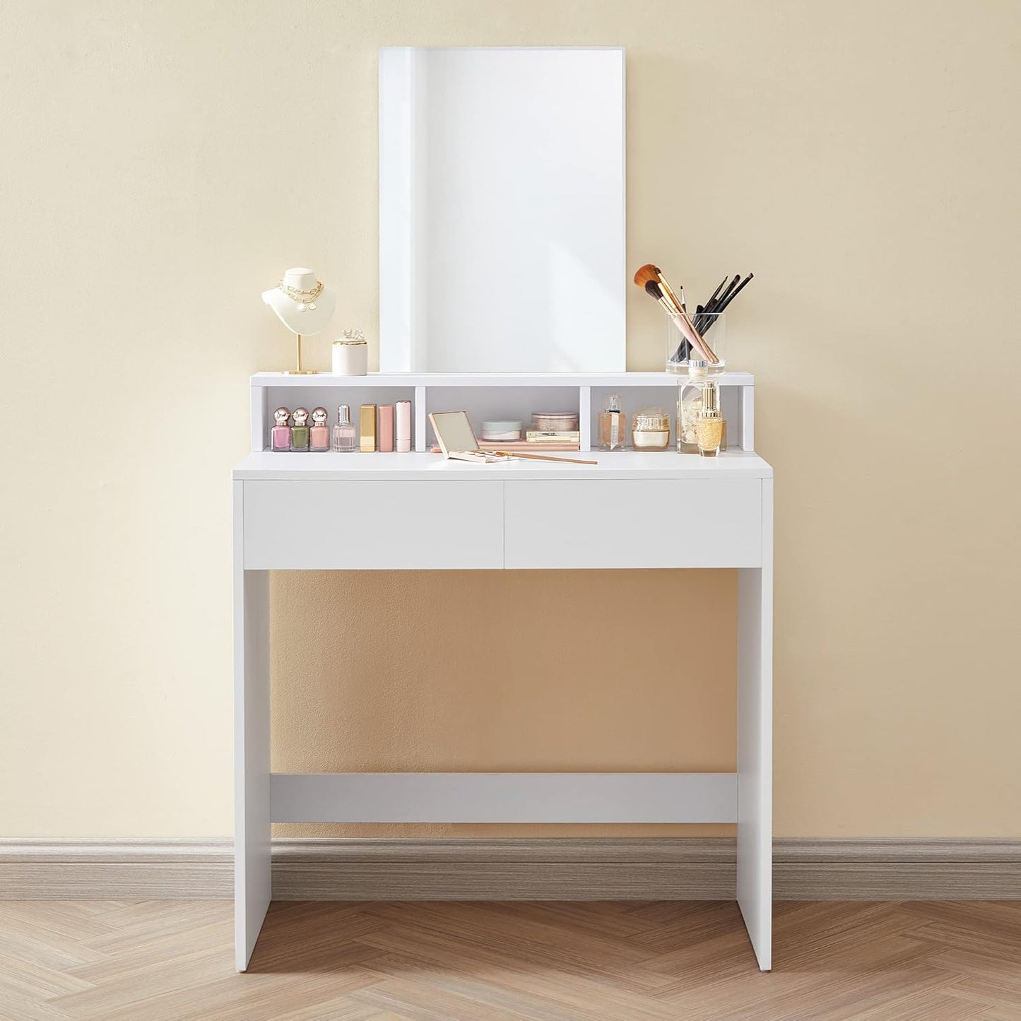 Modern Vanity Desk with Mirror, 2 Drawers, 3 Storage Compartments and Open Shelf, Makeup Table for Bedroom Cloud White RDT113W01 - with | Sold by Uncle Wiener's Wholesale