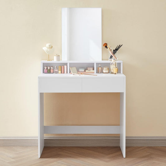 Modern Vanity Desk with Mirror, 2 Drawers, 3 Storage Compartments and Open Shelf, Makeup Table for Bedroom Cloud White RDT113W01 - with | Sold by Uncle Wiener's Wholesale