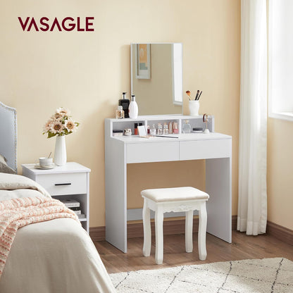 Modern Vanity Desk with Mirror, 2 Drawers, 3 Storage Compartments and Open Shelf, Makeup Table for Bedroom Cloud White RDT113W01 - with | Sold by Uncle Wiener's Wholesale