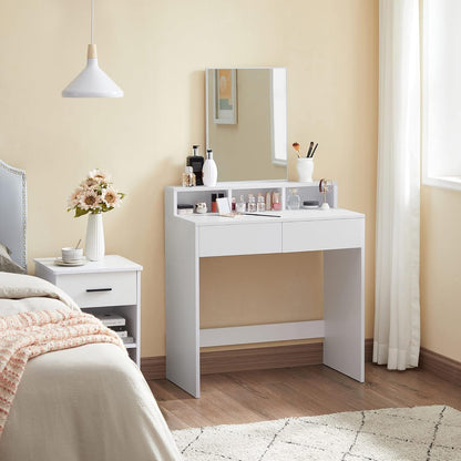 Modern Vanity Desk with Mirror, 2 Drawers, 3 Storage Compartments and Open Shelf, Makeup Table for Bedroom Cloud White RDT113W01 - with | Sold by Uncle Wiener's Wholesale