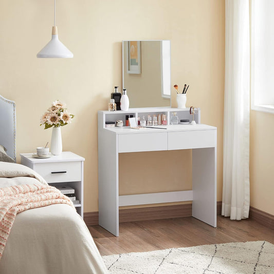 Modern Vanity Desk with Mirror, 2 Drawers, 3 Storage Compartments and Open Shelf, Makeup Table for Bedroom Cloud White RDT113W01 - with | Sold by Uncle Wiener's Wholesale