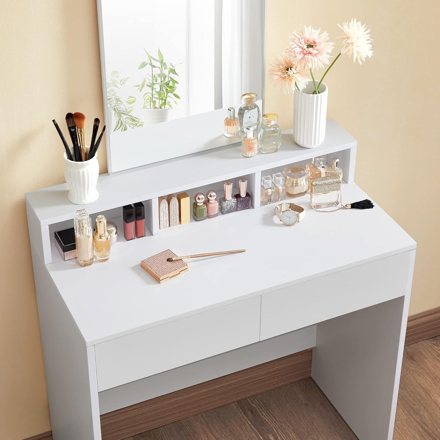 Modern Vanity Desk with Mirror, 2 Drawers, 3 Storage Compartments and Open Shelf, Makeup Table for Bedroom Cloud White RDT113W01 - with | Sold by Uncle Wiener's Wholesale