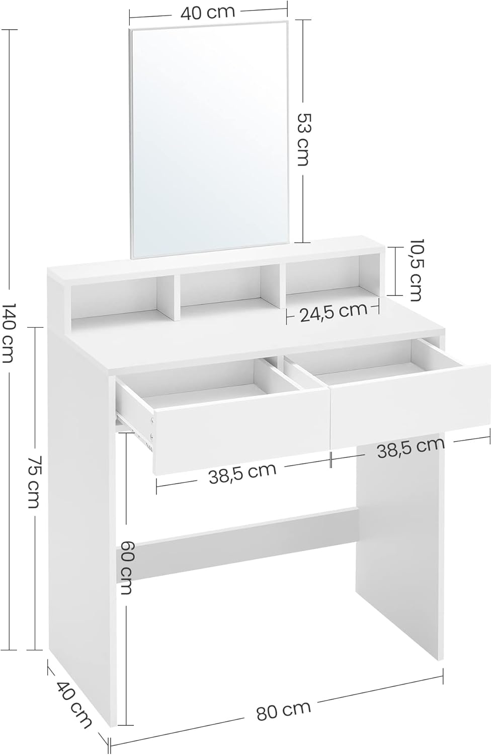 Modern Vanity Desk with Mirror, 2 Drawers, 3 Storage Compartments and Open Shelf, Makeup Table for Bedroom Cloud White RDT113W01 - with | Sold by Uncle Wiener's Wholesale