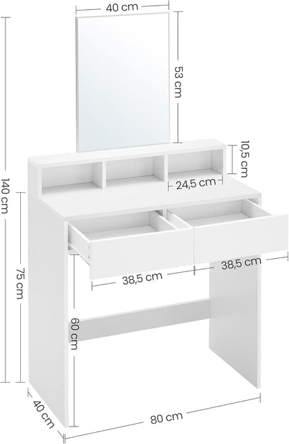 Modern Vanity Desk with Mirror, 2 Drawers, 3 Storage Compartments and Open Shelf, Makeup Table for Bedroom Cloud White RDT113W01 - with | Sold by Uncle Wiener's Wholesale