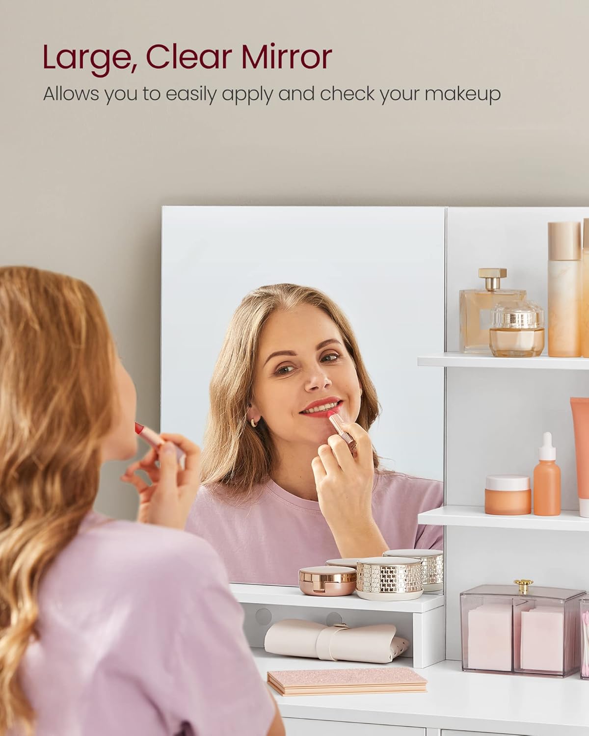 Modern Vanity Desk with Mirror, Drawer, Open Shelves and Storage Cabinet with Adjustable Shelves, Makeup Table White RDT119W01 - with | Sold by Uncle Wiener's Wholesale