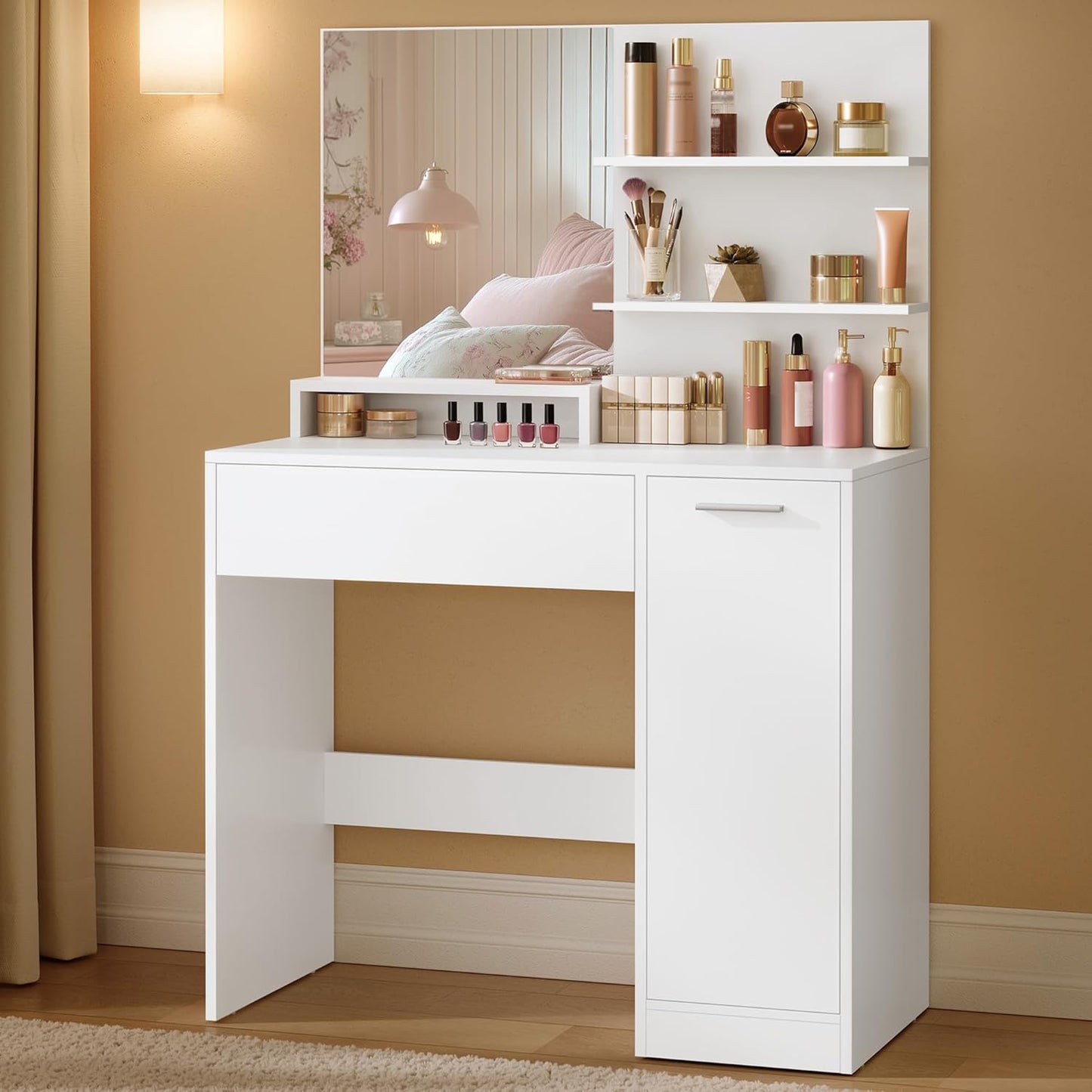 Modern Vanity Desk with Mirror, Drawer, Open Shelves and Storage Cabinet with Adjustable Shelves, Makeup Table White RDT119W01 - with | Sold by Uncle Wiener's Wholesale