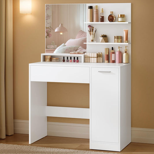 Modern Vanity Desk with Mirror, Drawer, Open Shelves and Storage Cabinet with Adjustable Shelves, Makeup Table White RDT119W01 - with | Sold by Uncle Wiener's Wholesale
