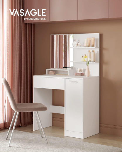 Modern Vanity Desk with Mirror, Drawer, Open Shelves and Storage Cabinet with Adjustable Shelves, Makeup Table White RDT119W01 - with | Sold by Uncle Wiener's Wholesale
