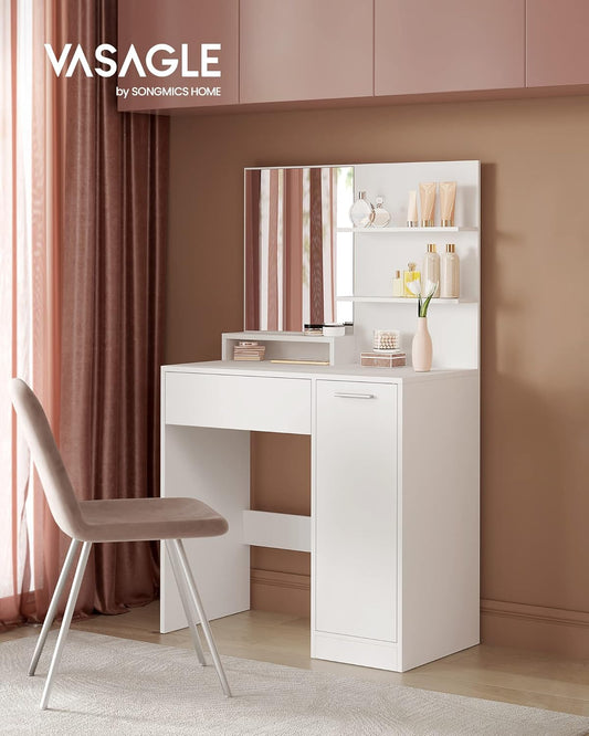 Modern Vanity Desk with Mirror, Drawer, Open Shelves and Storage Cabinet with Adjustable Shelves, Makeup Table White RDT119W01 - with | Sold by Uncle Wiener's Wholesale